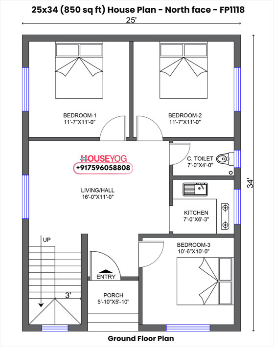 25x34 house plan north facing - smart 3 bhk layout on 850 sq ft plot with spacious hall and porch