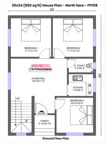 25x34 House Plan North Facing - Smart 3 BHK Layout on 850 Sq Ft Plot with Spacious Hall and Porch