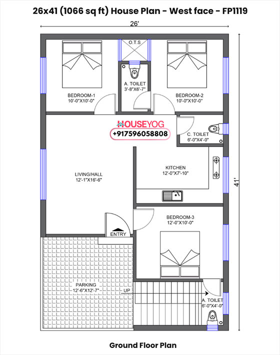 26x41 house plan west facing - 3 bhk with parking on 1066 sq ft plot