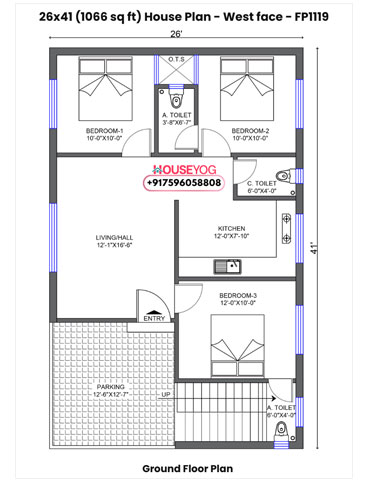 26x41 House Plan West Facing - 3 BHK with Parking on 1066 Sq Ft Plot