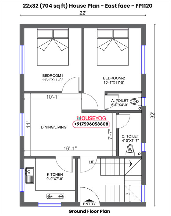 22x32 house plan east facing - 2 bhk, 2 bath on 704 sq ft plot | perfect for small families