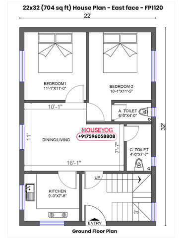 22x32 House Plan East Facing - 2 BHK, 2 Bath on 704 Sq Ft Plot | Perfect for Small Families