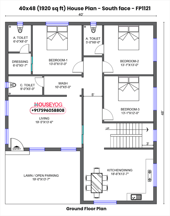 40x48 house plan south facing - spacious 3 bhk design on 1920 sq ft with parking, dining & separate living area
