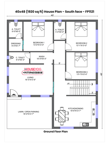40x48 House Plan South Facing - Spacious 3 BHK Design on 1920 Sq Ft with Parking, Dining & Separate Living Area