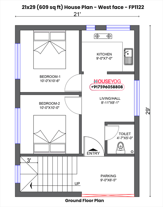 21x29 house plan west facing - 2 bhk smart layout on 609 sq ft plot for budget construction