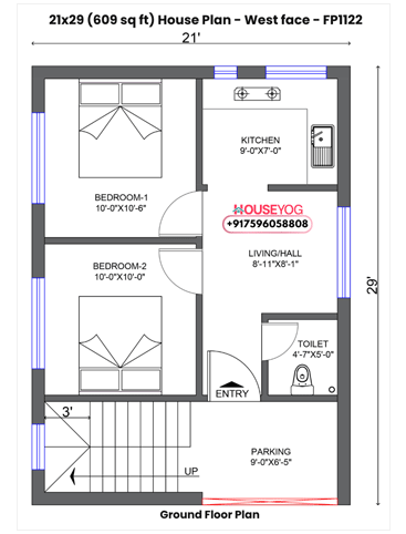 21x29 House Plan West Facing - 2 BHK Smart Layout on 609 Sq Ft Plot for Budget Construction