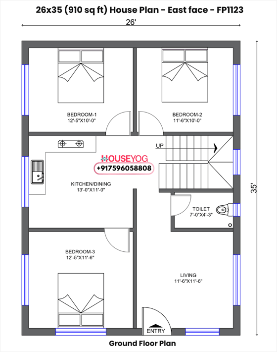 26x35 house plan east facing - 3 bhk layout on 910 sq ft plot with living room & dining