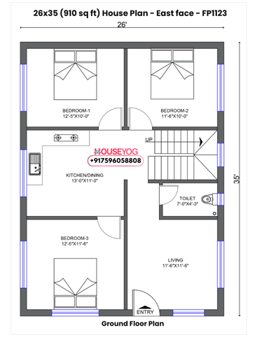 26x35 House Plan East Facing - 3 BHK Layout on 910 Sq Ft Plot with Living Room & Dining