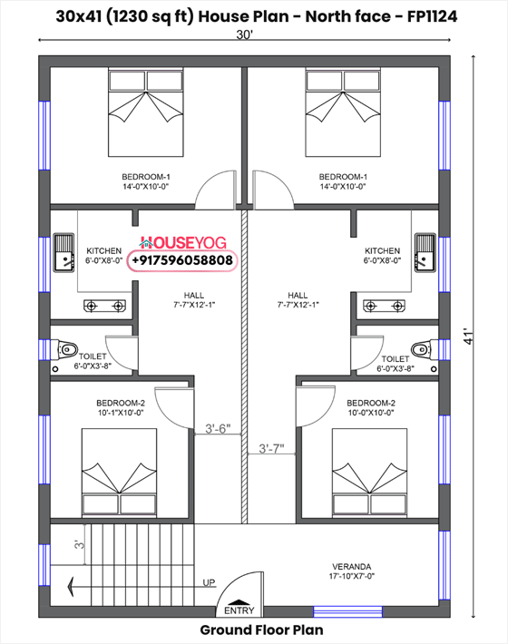 30x41 house plan north facing - 4 bhk design for two brothers on 1230 sq ft plot