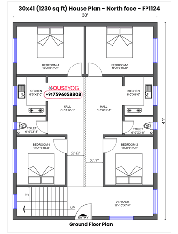 30x41 House Plan North Facing - 4 BHK Design for Two Brothers on 1230 Sq Ft Plot