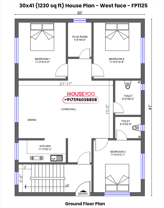 30x41 house plan west facing - 3 bhk with spacious hall, open kitchen & puja room (1230 sq ft)