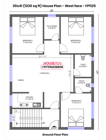 30x41 House Plan West Facing - 3 BHK with Spacious Hall, Open Kitchen & Puja Room (1230 Sq Ft)