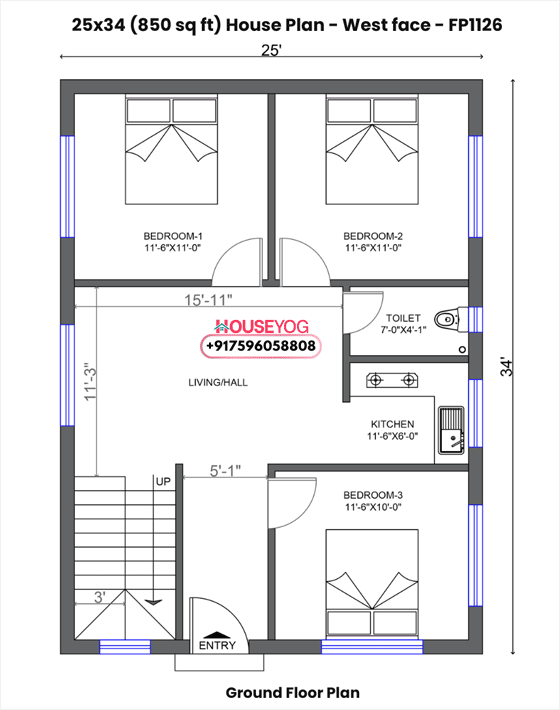 25x34 house plan west facing - 3 bhk design on 850 sq ft plot with open kitchen