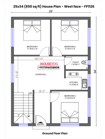 25x34 House Plan West Facing - 3 BHK Design on 850 Sq Ft Plot with Open Kitchen