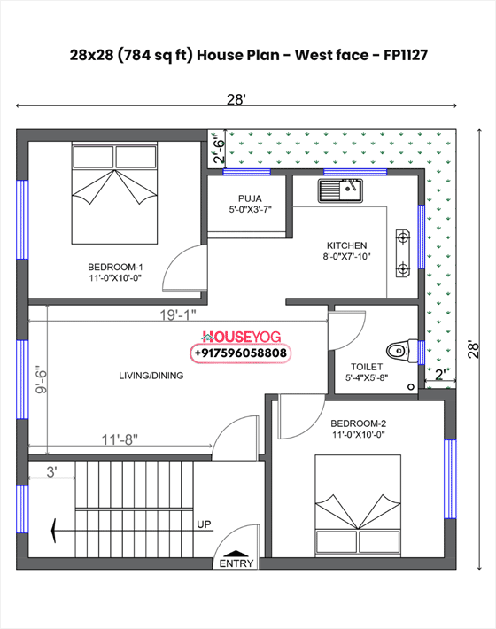 28x28 house plan west facing - smart 2 bhk design with open kitchen & puja room on 784 sq ft plot