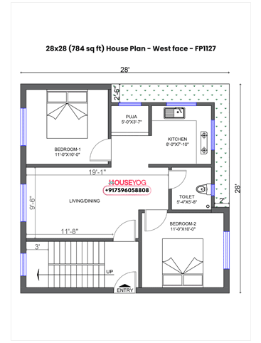 28x28 House Plan West Facing - Smart 2 BHK Design with Open Kitchen & Puja Room on 784 Sq Ft Plot