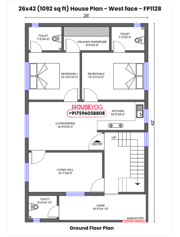 26x42 House Plan West Facing - Luxurious 2 BHK Village Home with Dalan & Guest Room on 1092 Sq Ft