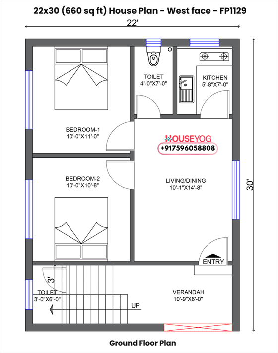 22x30 house plan west facing - compact 2 bhk home with verandah on 660 sq ft