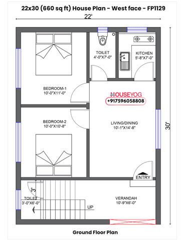 22x30 House Plan West Facing - Compact 2 BHK Home with Verandah on 660 Sq Ft
