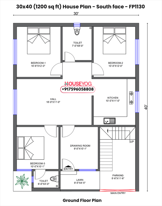 30x40 house plan south facing - 3 bhk design with big hall, drawing room & parking on 1200 sq ft