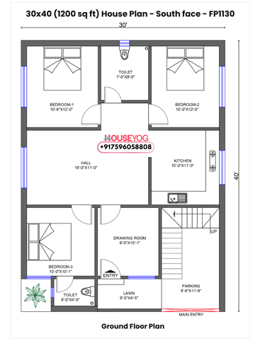 30x40 Single Floor 3 BHK South Facing Indian House Plan