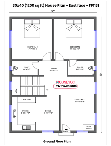 30x40 Single Floor 2 BHK East Facing Indian House Plan