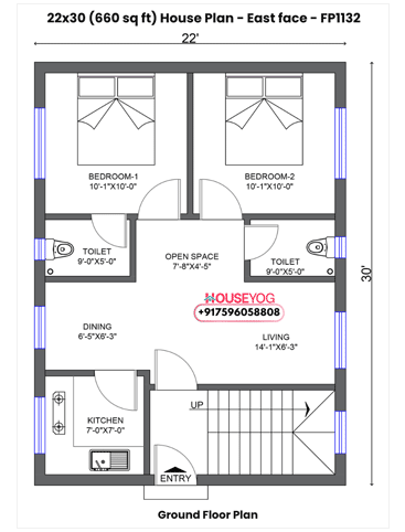 22x30 House Plan East Facing - 2 BHK House Design with Dining, Kitchen & 2 Bath on 660 Sq Ft Plot