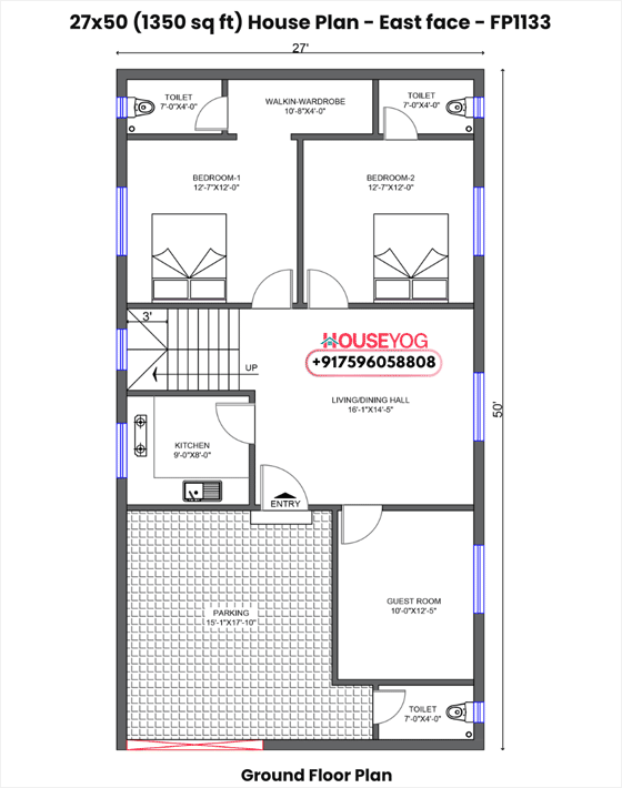 27x50 house plan east facing - 3 bhk design with 3 bathrooms, parking & dining on 1350 sq ft plot