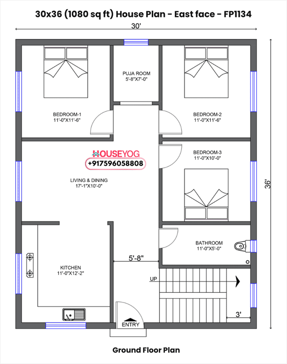 30x36 house plan east facing – spacious 3 bhk home design with big kitchen & puja room (1080 sq ft)
