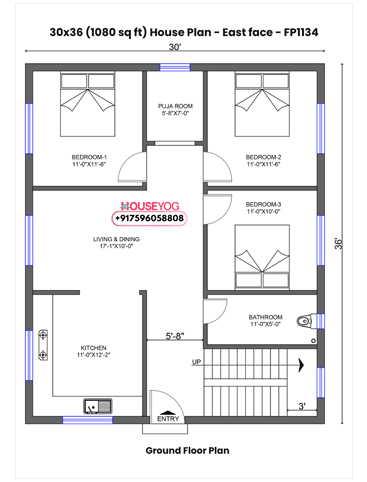 30x36 House Plan East Facing – Spacious 3 BHK Home Design with Big Kitchen & Puja Room (1080 sq ft)