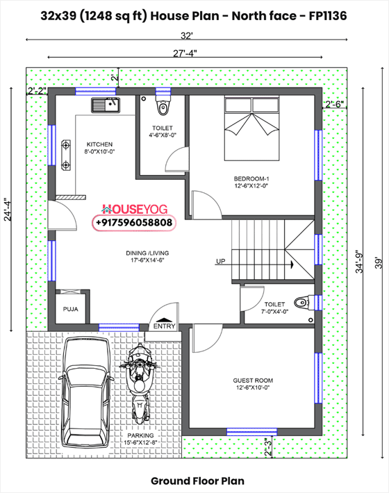 32x39 house plan north facing - 2 bhk single floor design with parking & green space (1239 sq ft)