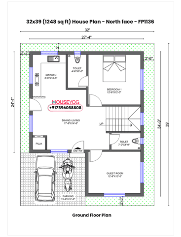 32x39 House Plan North Facing - 2 BHK Single Floor Design with Parking & Green Space (1239 sq ft)