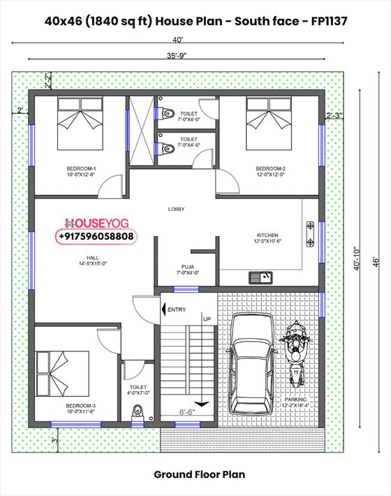 40x46 house plan single floor - south facing 3 bhk house design with parking on 1840 sq ft plot
