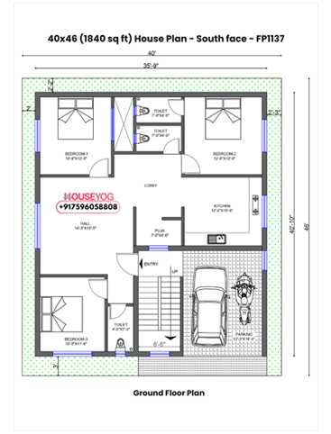 40x46 House Plan Single Floor - South Facing 3 BHK House Design with Parking on 1840 sq ft Plot