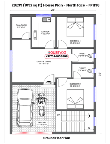28x39 House Plan Single Floor - North Facing 2 BHK House Design with Parking on 1092 sq ft Plot