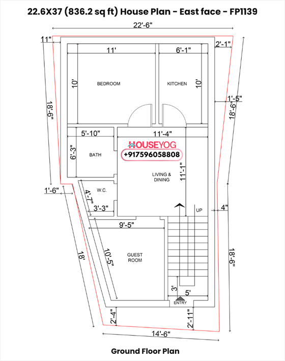 22x37 house plan single story - east facing 2 bhk design on 836 sq ft irregular plo