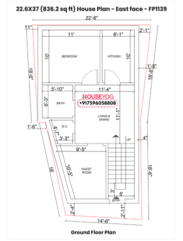 22x37 House Plan Single Story - East Facing 2 BHK Design on 836 sq ft Irregular Plo