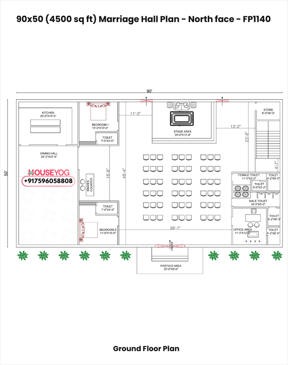 90x50 marriage hall design north facing - 4500 sq ft banquet hall plan with dining, garden & parking