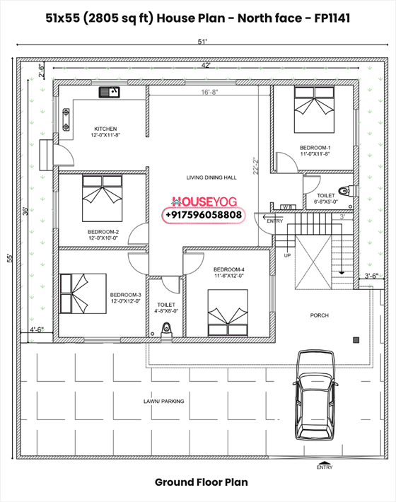 51x55 north facing 4 bhk house plan - single floor design with parking & lawn (2805 sq ft plot