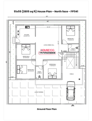 51x55 Single Floor 4 BHK North Facing Indian House Plan
