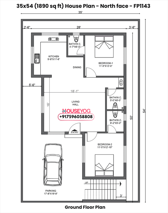 35x54 north facing house plan - 2 bhk single floor design with parking (1890 sq ft plot)