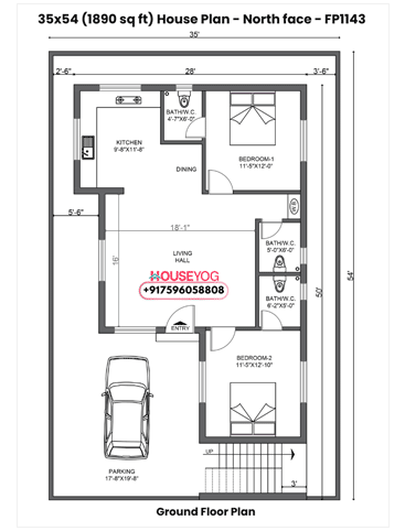 35x54 Single Floor 2 BHK North Facing Indian House Plan