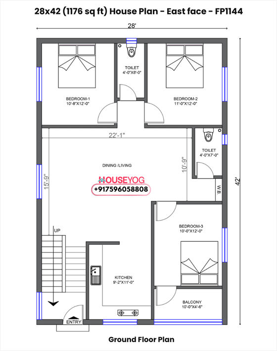 28x42 east facing 3 bhk house plan - single floor design with balcony & spacious kitchen (1176 sq ft plot)