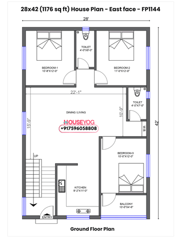 28x42 East Facing 3 BHK House Plan - Single Floor Design with Balcony & Spacious Kitchen (1176 Sq Ft Plot)