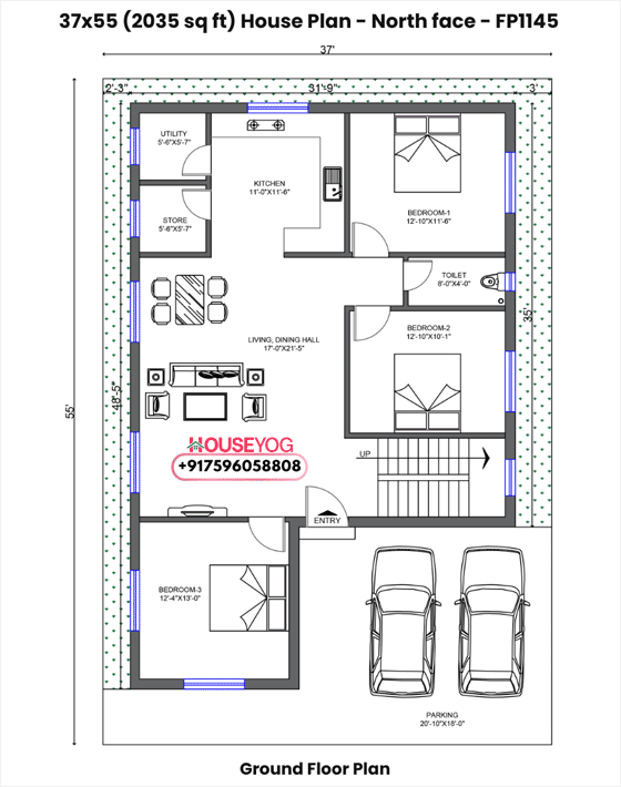 37x55 north facing house plan - 3 bhk single floor design with parking (2035 sq ft plot)