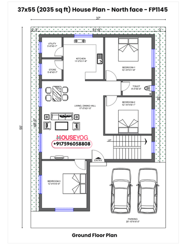 37x55 Single Floor 3 BHK North Facing Indian House Plan