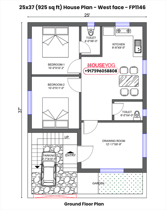 25x37 west facing house plan - 3 bhk single floor design with parking (925 sq ft plot)