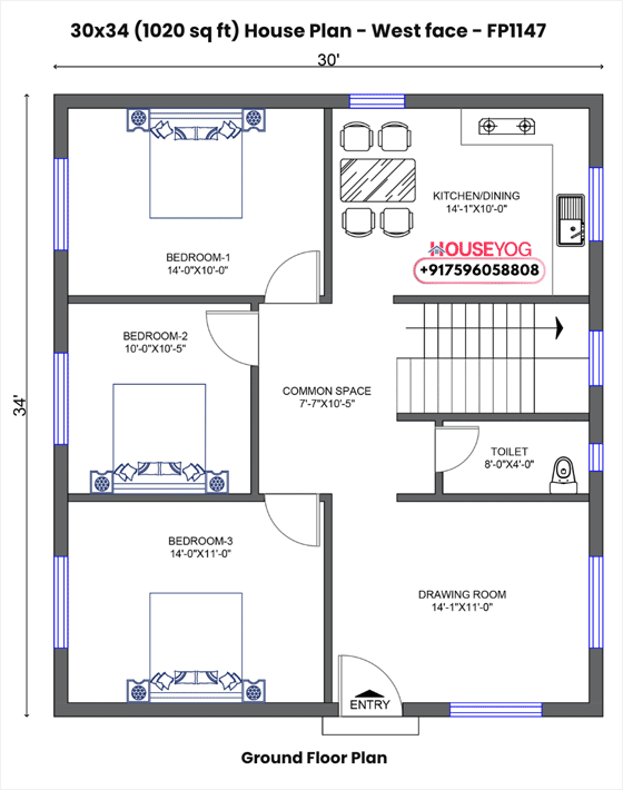 30x34 west facing house plan - 3 bhk single floor design for village home (1020 sq ft)