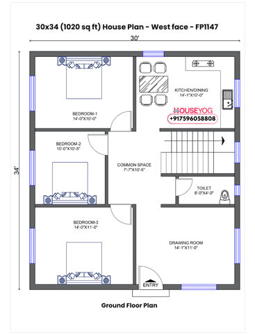 30x34 Single Floor 3 BHK West Facing Indian House Plan