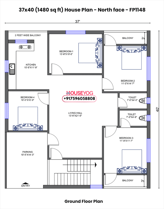 37x40 north facing house plan - 4 bhk single floor design with parking (1480 sq ft